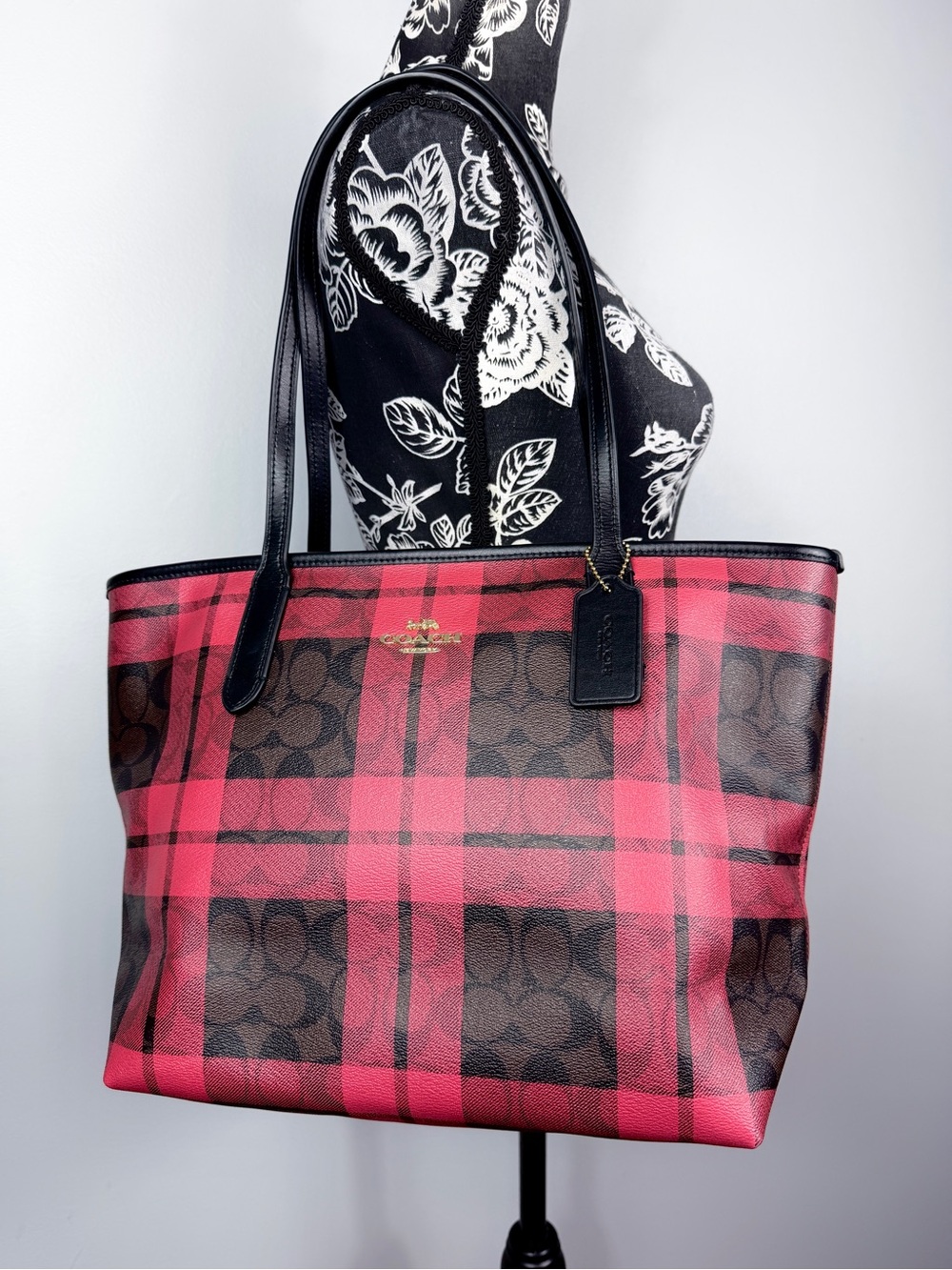 Coach red signature leather canvas field plaid print zip top tote size large